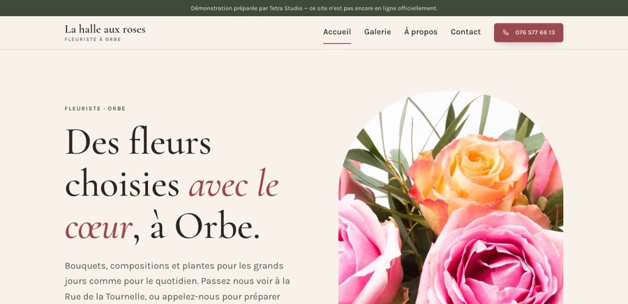 Aperçu de la démo du site de La halle aux roses, fleuriste à Orbe
